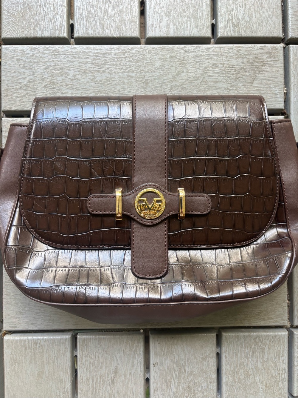 Versace Brown Croc-Embossed Leather Shoulder Bag with Gold Hardware